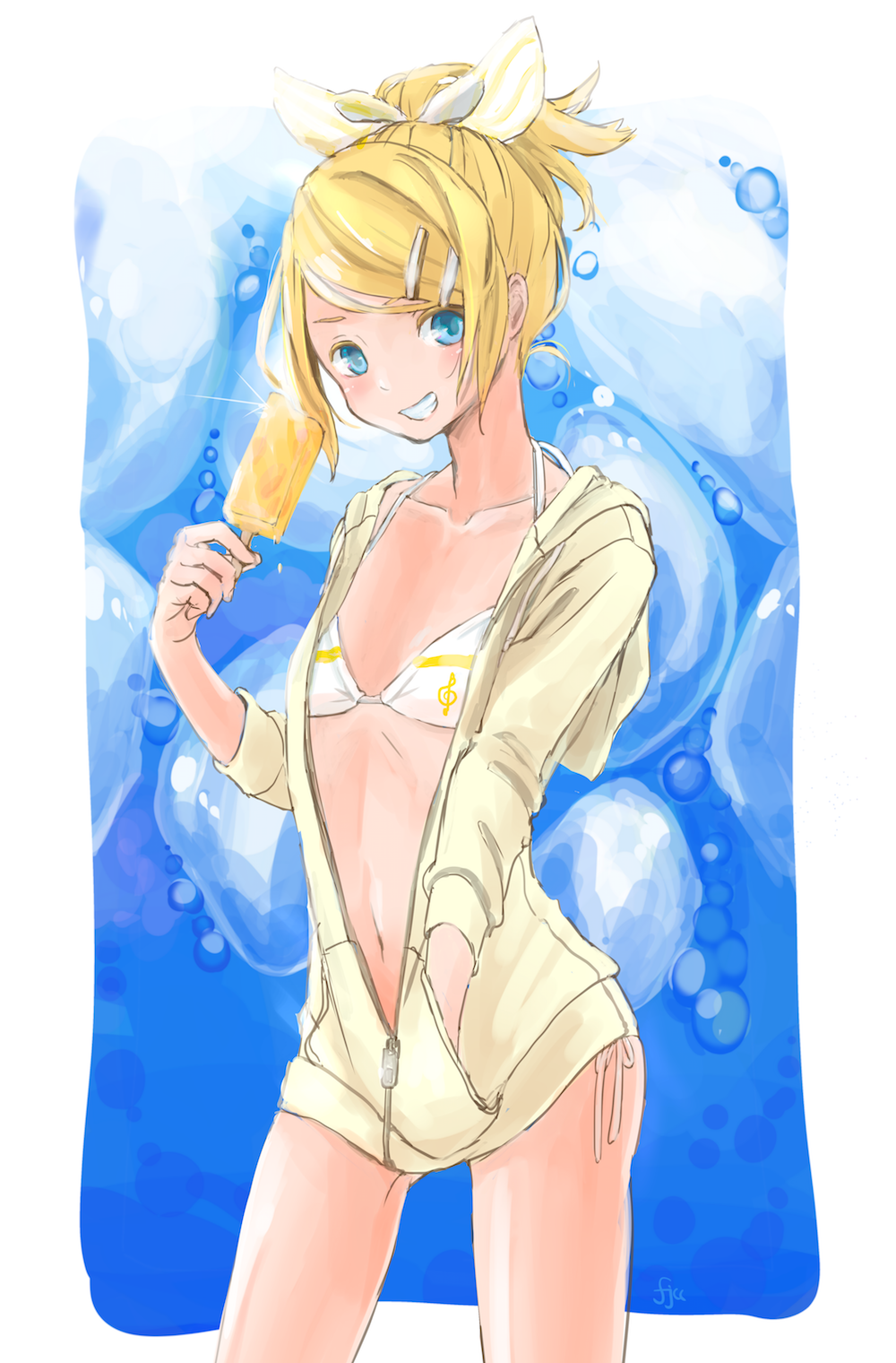 1girl bikini blonde_hair blue_eyes bow bubble_background collarbone flat_chest food fujichika_(fujichica_fpf) grin hair_bow hair_ornament hairclip hand_in_pocket highres holding holding_food hood hoodie kagamine_rin midriff navel popsicle smile solo spaghetti_strap swimsuit teeth treble_clef updo vocaloid