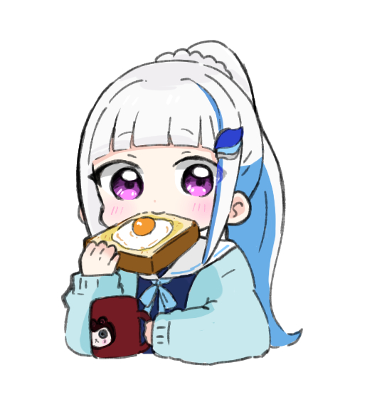 1girl blue_bow blue_cardigan blue_hair blue_shirt blush bow braid cardigan commentary_request cropped_torso cup food fried_egg hair_ornament hitomiz holding holding_cup holding_food lize_helesta long_hair mug multicolored_hair nijisanji open_cardigan open_clothes ponytail sailor_collar school_uniform serafuku shirt simple_background solo toast two-tone_hair upper_body virtual_youtuber white_background white_hair white_sailor_collar