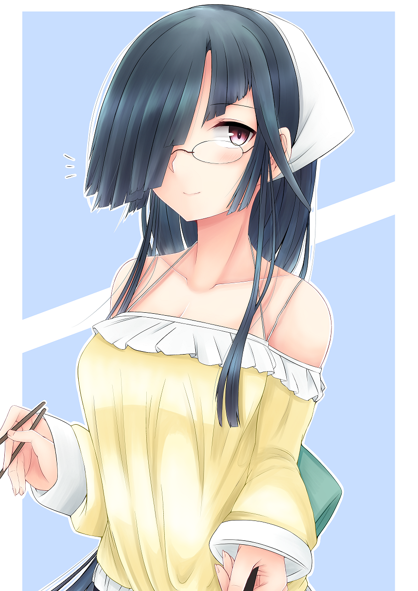 10s 1girl alternate_costume bespectacled black_hair blouse brown_eyes chopsticks cooking dial16yoi glasses hair_over_one_eye hayashimo_(kantai_collection) head_scarf highres kantai_collection long_hair long_sleeves looking_at_viewer smile solo very_long_hair