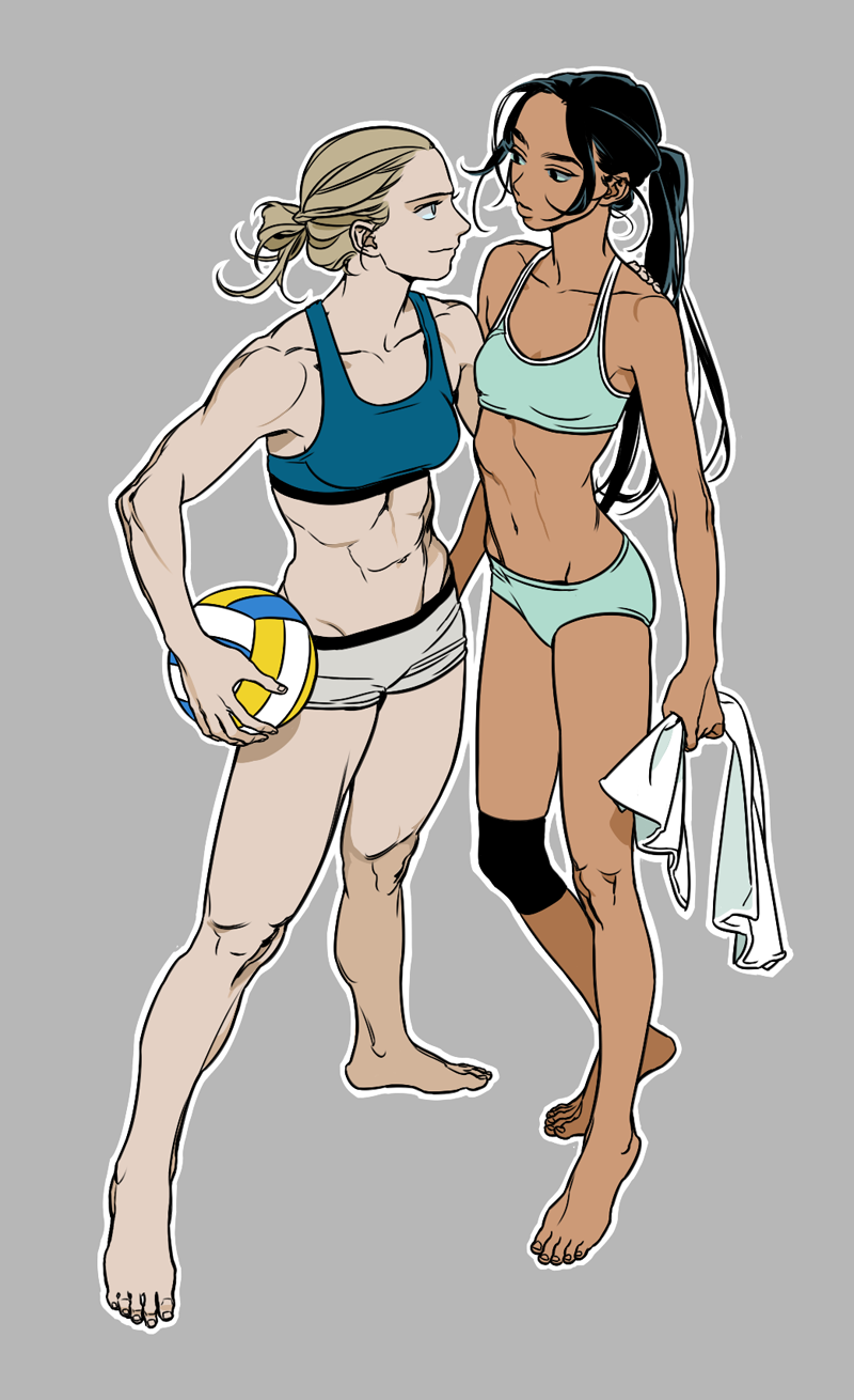 2girls abs artist_request blonde_hair blue_eyes breasts dark_skin hair_bun hand_on_another's_ass hand_on_another's_hip highres knee_pads long_hair looking_at_another medium_breasts multiple_girls navel original ponytail small_breasts smile sports_bikini sportswear thick_eyebrows toned tower volleyball yuri