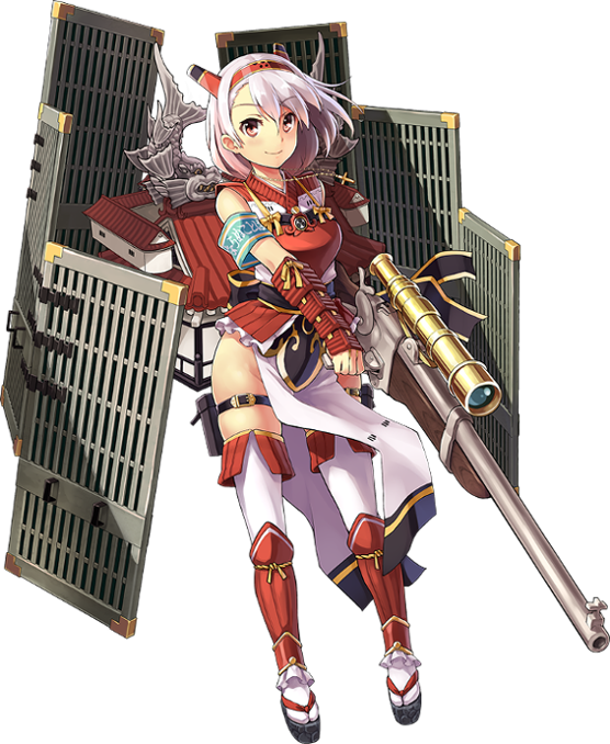 1girl aizuwakamatsu_(oshiro_project) antique_firearm architecture armband armor breastplate castle east_asian_architecture firearm full_body gun hairband holding holding_weapon horns kekemotsu looking_at_viewer no_panties official_art oshiro_project oshiro_project_re red_eyes rifle scope shachihoko short_hair smile thigh-highs transparent_background weapon white_hair