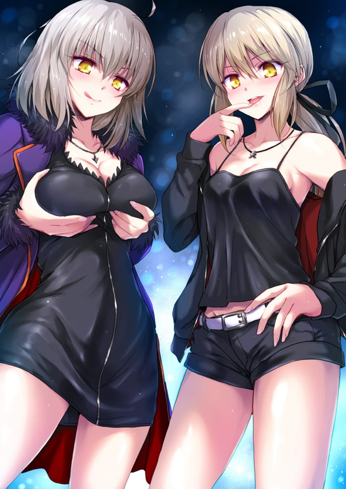 &gt;:q 2girls :q ahoge bangs bare_shoulders belt black_dress black_ribbon blush breast_lift breasts camisole cleavage collarbone cowboy_shot dress fate/grand_order fate_(series) fur_trim hair_ribbon jacket jeanne_alter jewelry large_breasts long_sleeves looking_at_viewer low_ponytail marugoshi_(54burger) medium_breasts multiple_girls naughty_face necklace open_clothes open_jacket parted_lips ribbon ruler_(fate/apocrypha) saber saber_alter short_dress short_shorts shorts silver_hair smile tongue tongue_out yellow_eyes