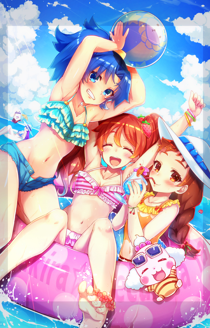 5girls arisugawa_himari arms_up ball beachball bikini blue_eyes blue_hair blue_shorts bracelet braid brown_eyes brown_hair chourou_(precure) closed_eyes clouds collarbone copyright_name creature day drinking_straw food_themed_hair_ornament grin hair_ornament hat holding_beachball holding_glass innertube jewelry kenjou_akira kirakira_precure_a_la_mode kotozume_yukari long_hair looking_at_viewer multiple_girls navel pekorin_(precure) pink_bikini precure purple_hair redhead satou_(kuso-neet) short_hair short_shorts shorts sky smile strawberry_hair_ornament sun_hat swimsuit tategami_aoi toes umbrella usami_ichika water white_hat