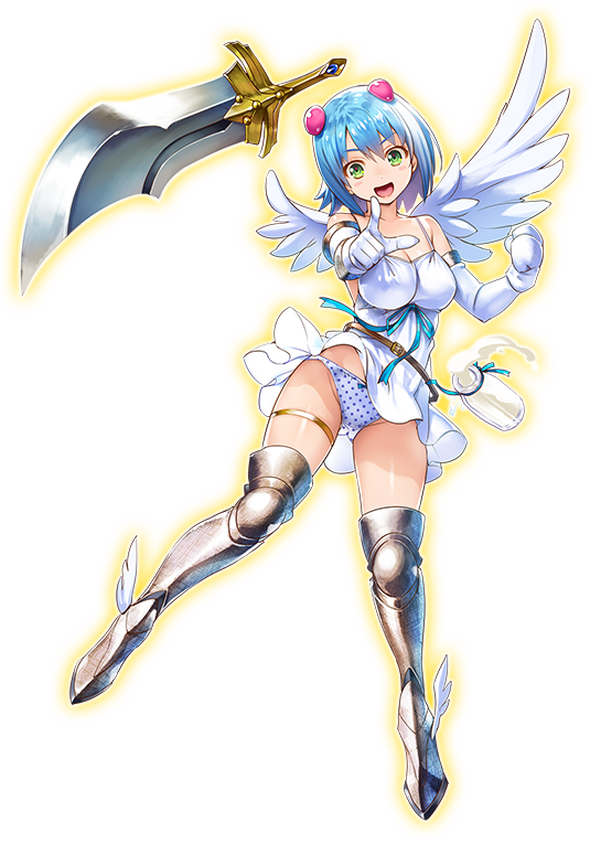 1girl angel angel_wings armor armored_boots asymmetrical_wings bare_shoulders blue_hair boots full_body gloves green_eyes hair_ornament looking_at_viewer milk nanael official_art open_mouth panties pantyshot pointing pointing_at_viewer polka_dot polka_dot_panties queen's_blade queen's_blade_unlimited short_hair smile transparent_background underwear weapon wings