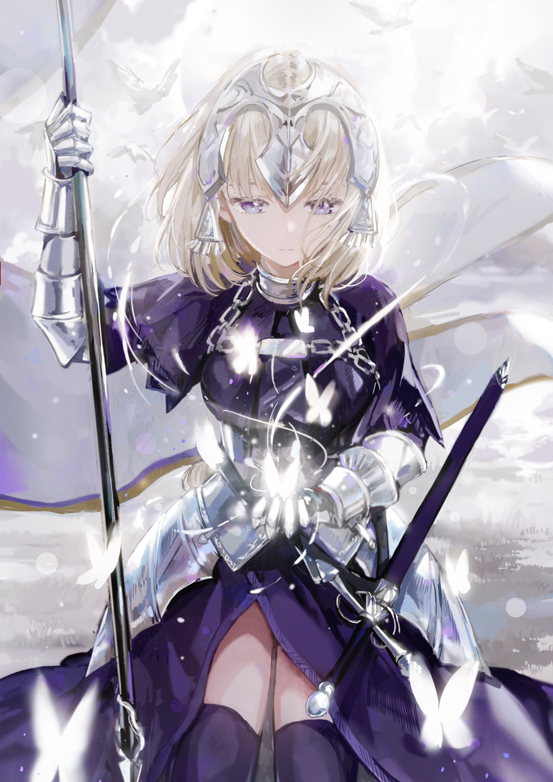 1girl armor bangs black_legwear blonde_hair blue_eyes butterfly chains closed_mouth cowboy_shot dangmill fate/apocrypha fate_(series) faulds gauntlets half-closed_eyes headpiece holding long_hair looking_down outdoors platinum_blonde revision ruler_(fate/apocrypha) solo standard_bearer thigh-highs