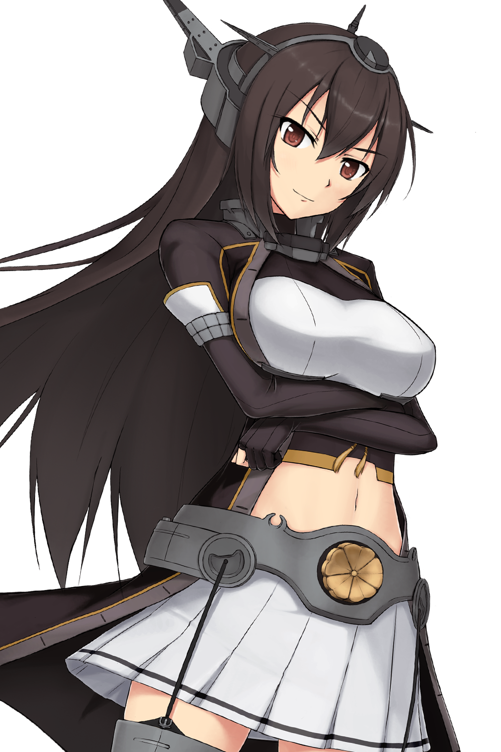 1girl black_hair black_jacket breasts brown_eyes closed_mouth collar crossed_arms eyebrows_visible_through_hair garter_straps ghound hair_between_eyes headgear highres jacket kantai_collection large_breasts long_hair looking_at_viewer metal_belt midriff miniskirt nagato_(kantai_collection) pleated_skirt remodel_(kantai_collection) simple_background skirt smile solo thigh-highs upper_body white_background white_skirt