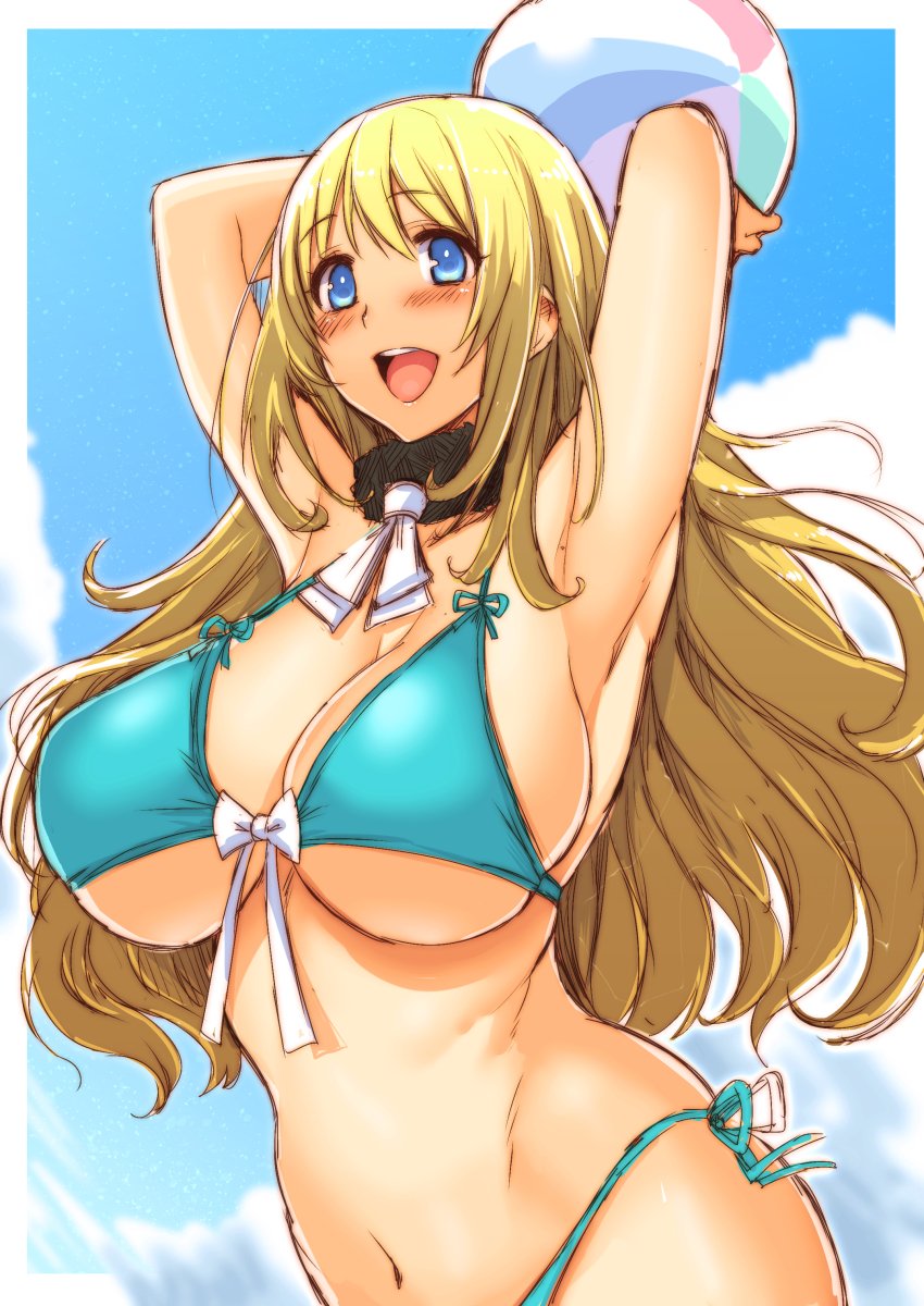 10s 1girl :d angelo_(gomahangetsu) aqua_bikini armpits arms_behind_head arms_up atago_(kantai_collection) ball beachball bikini blonde_hair blue_eyes blue_sky blush breasts bright_pupils cleavage clouds cloudy_sky day eyebrows_visible_through_hair highres huge_breasts kantai_collection long_hair navel open_mouth outdoors side-tie_bikini sky smile solo swimsuit white_pupils
