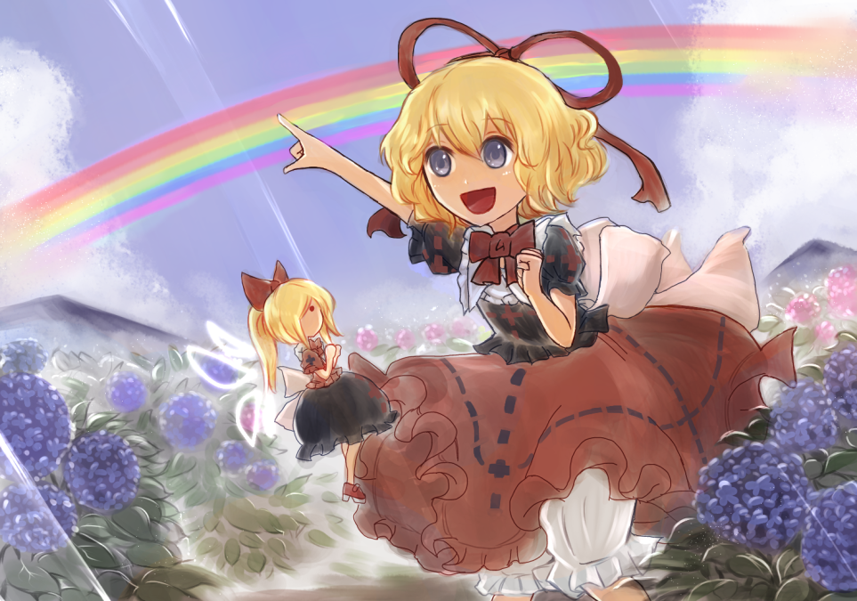 1girl arm_up black_shirt black_skirt blonde_hair bloomers blue_eyes blue_sky clenched_hand clouds commentary_request doll fairy_wings floating flower hair_ribbon hinohikari hyacinth hydrangea leaf light_rays medicine_melancholy open_mouth pointing ponytail puffy_short_sleeves puffy_sleeves rainbow red_ribbon red_shirt red_skirt ribbon shirt short_hair short_sleeves skirt sky su-san sunbeam sunlight touhou underwear wings