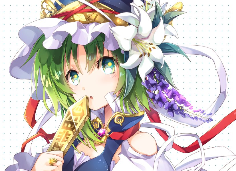 1girl aqua_eyes bare_shoulders blue_hat blue_vest brooch eyebrows_visible_through_hair flower frilled_hat frills green_hair hat hat_flower hat_leaf hat_ribbon high_collar jewelry lily_(flower) looking_at_viewer open_mouth portrait red_ribbon ribbon ring rod_of_remorse shiki_eiki short_hair shoulder_cutout solo touhou vest white_background white_flower white_ribbon yamadori_ofuu