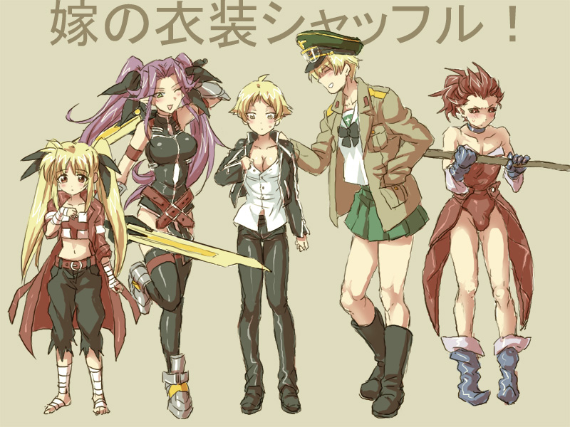 1boy 4girls ;d bandage barefoot belt black_boots black_bow black_jacket black_legwear black_leotard black_pants black_ribbon black_sclera black_shoes blonde_hair blouse blue_boots boots bow breasts brown_background brown_eyes brown_jacket character_request cleavage closed_mouth copyright_request cosplay costume_switch crossdressinging crossover erwin_(girls_und_panzer) erwin_(girls_und_panzer)_(cosplay) fate_(series) fate_testarossa fate_testarossa_(cosplay) full_body gauntlets gilgamesh gilgamesh_(cosplay) girls_und_panzer goggles goggles_on_headwear greaves green_hat green_skirt grin hair_ribbon halterneck hand_in_pocket hand_on_another's_shoulder hat holding holding_weapon jacket leg_up leotard lineup long_hair long_sleeves looking_at_another looking_at_viewer lyrical_nanoha medium_breasts military military_hat military_jacket military_uniform miniskirt multiple_girls one_eye_closed ooarai_school_uniform open_clothes open_jacket open_mouth overskirt pants peaked_cap pleated_skirt pointy_ears pointy_hair purple_hair red_eyes red_leotard redhead ribbon rinoko school_uniform serafuku shirt shoes short_hair short_ponytail simple_background skirt smile staff standing standing_on_one_leg strapless strapless_leotard sweatdrop thigh-highs translated twintails uniform weapon white_blouse white_shirt