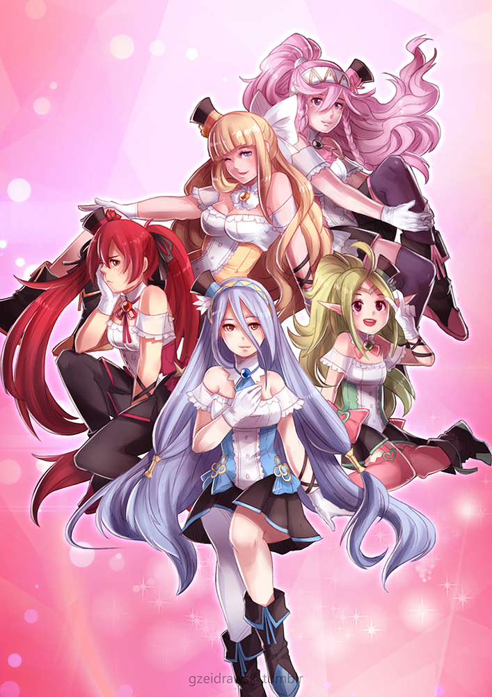 5girls aqua_(fire_emblem_if) blonde_hair blue_hair boots charlotte_(fire_emblem_if) fire_emblem fire_emblem:_kakusei fire_emblem_if gloves grin gzei hair_ornament hat looking_at_viewer multiple_girls nowi_(fire_emblem) olivia_(fire_emblem) one_eye_closed pink_hair ponytail redhead selena_(fire_emblem) sitting skirt smile thigh-highs top_hat twintails v