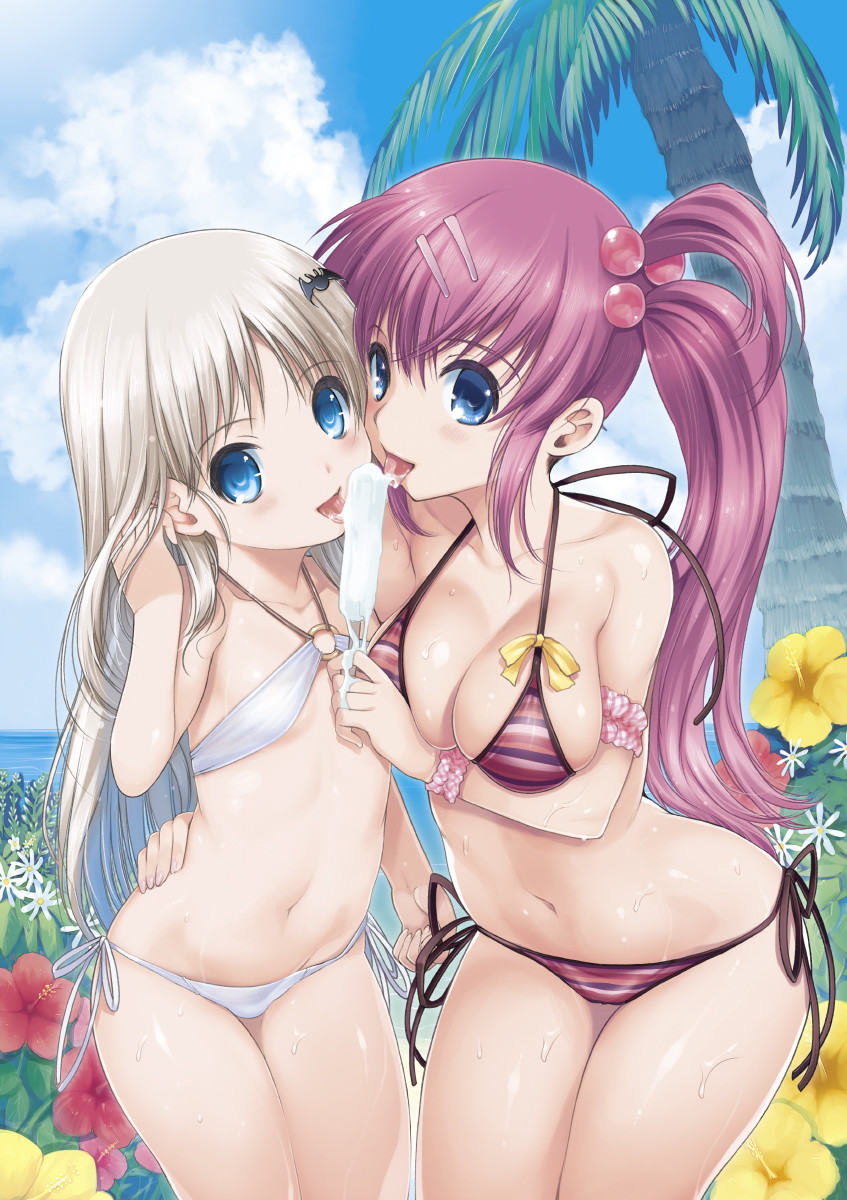 2girls adjusting_hair age_difference arm_garter bangs bare_shoulders bat_hair_ornament beach bikini blue_eyes blush bow breasts cheek-to-cheek cleavage clouds commentary_request cowboy_shot day eating flat_chest flower food groin hair_bobbles hair_ornament hairclip halter_top halterneck hibiscus highres hug jpeg_artifacts kiya_shii large_breasts licking little_busters!! long_hair looking_at_viewer lowleg lowleg_bikini multiple_girls navel noumi_kudryavka o-ring_bikini o-ring_top ocean outdoors palm_tree parted_bangs popsicle purple_hair saigusa_haruka sexually_suggestive shared_food side-tie_bikini side_ponytail sideboob silver_hair sky smile standing string_bikini striped striped_bikini striped_swimsuit swimsuit teamwork tongue tongue_out tree very_long_hair water wet white_bikini wide_hips wristband