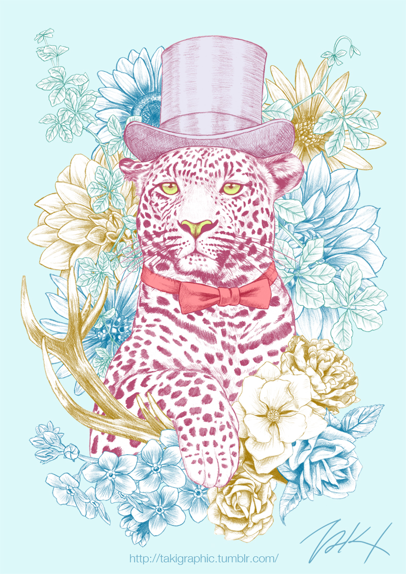 artist_name blue_background bow bowtie flower graphite_(medium) hat leopard limited_palette looking_at_viewer mechanical_pencil original pencil signature takigraphic top_hat traditional_media watermark web_address yellow_eyes