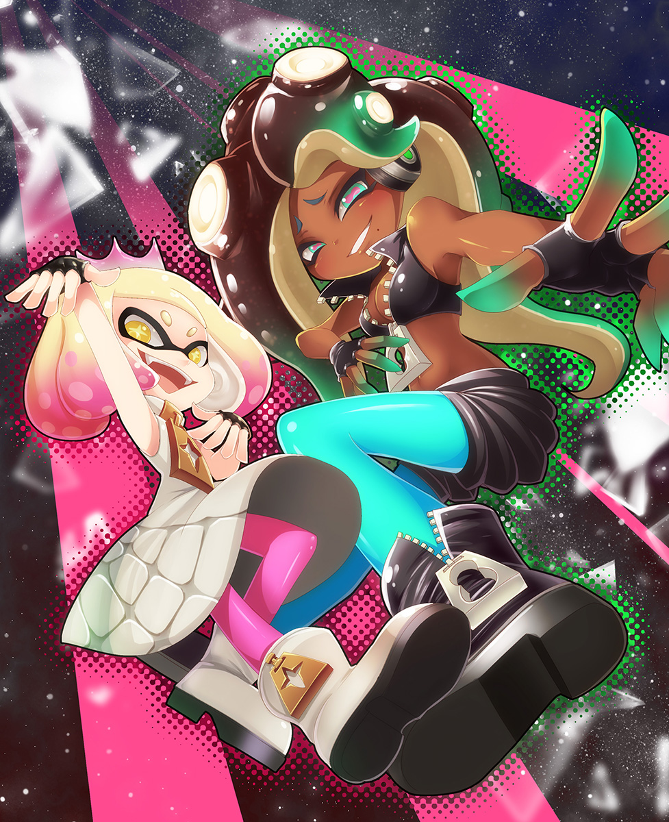 +_+ 2girls :d aqua_eyes bare_shoulders black_hair blue_legwear breasts cleavage crop_top crown dark_skin domino_mask dress fangs fingerless_gloves full_body gloves green_hair green_nails headphones highres long_hair looking_at_viewer marina_(splatoon) mask midriff mole mole_under_mouth multicolored_hair multiple_girls nail_polish navel octarian open_mouth outstretched_arm pantyhose pantyhose_under_shorts pearl_(splatoon) piercing pink_hair pink_legwear pink_pupils short_hair shorts sleeveless sleeveless_dress smile splatoon splatoon_2 symbol-shaped_pupils teeth tentacle_hair two-tone_hair white_hair yellow_eyes z.o.b zipper