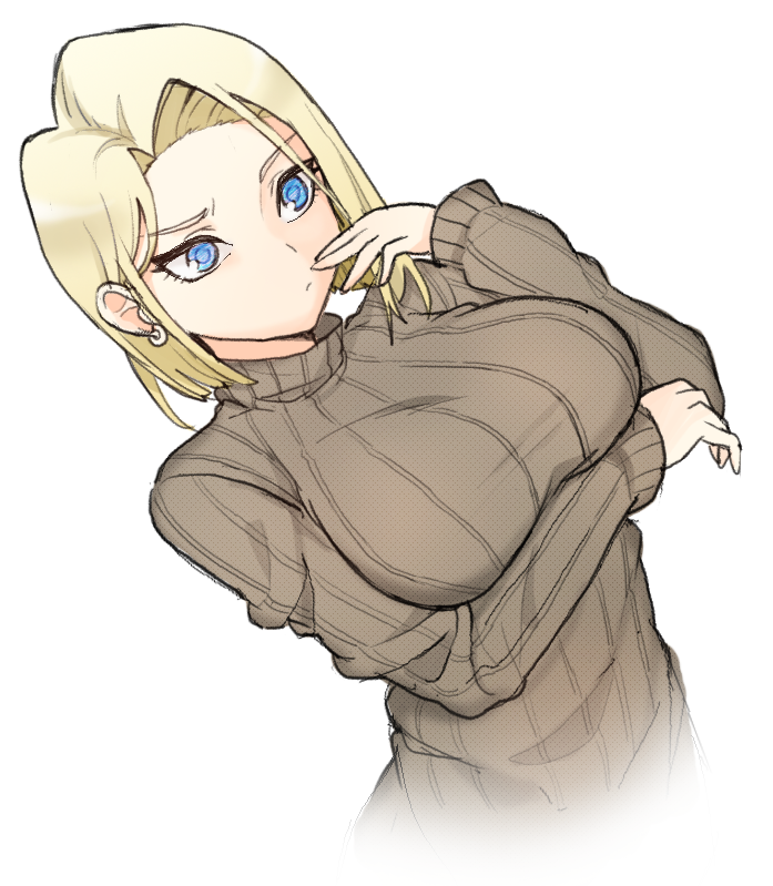 1girl android_18 bangs blonde_hair blue_eyes breast_hold breasts dragon_ball dragonball_z dutch_angle hand_to_own_mouth jorin large_breasts long_sleeves looking_away parted_bangs ribbed_sweater short_hair simple_background sleeves_past_wrists solo sweater turtleneck turtleneck_sweater upper_body white_background
