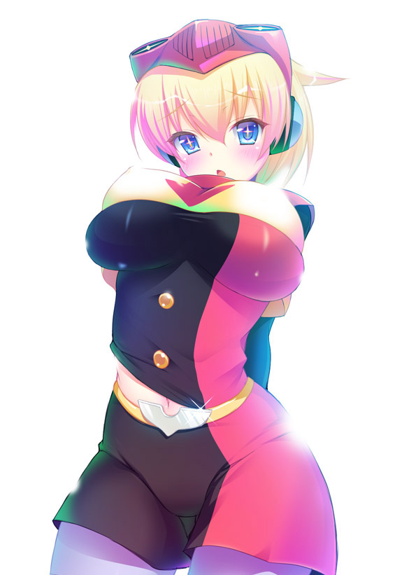 1girl blonde_hair blue_eyes blush breasts concrete_revolutio cowboy_shot earth-chan erect_nipples fumitsuki_kyou goggles goggles_on_head headphones large_breasts looking_at_viewer navel open_mouth shorts skindentation solo star star-shaped_pupils symbol-shaped_pupils