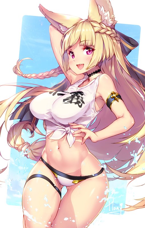 1girl alternate_costume animal_ears armlet bare_shoulders bikini_bottom blonde_hair braid choker granblue_fantasy groin hair_ribbon hong_(white_spider) navel pink_eyes ribbon solo tank_top thigh_strap yuisis_(granblue_fantasy)