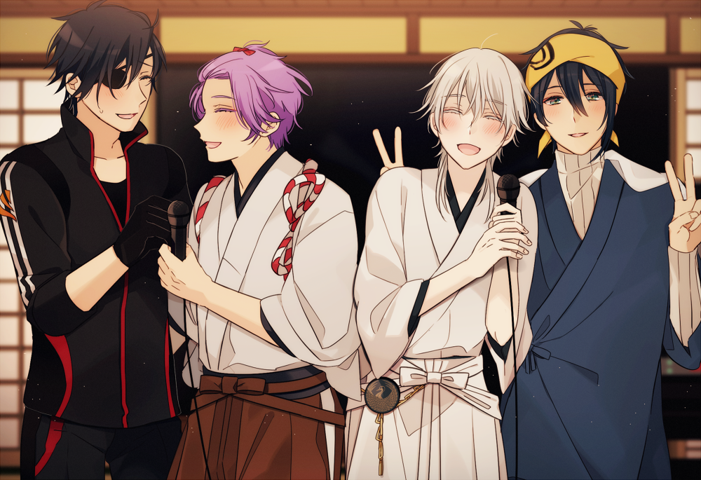 4boys ^_^ bandanna black_gloves black_hair blue_eyes blush bow closed_eyes double_v eyepatch gloves hair_bow japanese_clothes kasen_kanesada male_focus microphone mikazuki_munechika multiple_boys open_mouth purple_hair shokudaikiri_mitsutada smile touken_ranbu tsurumaru_kuninaga v white_hair yori_(y_rsy)