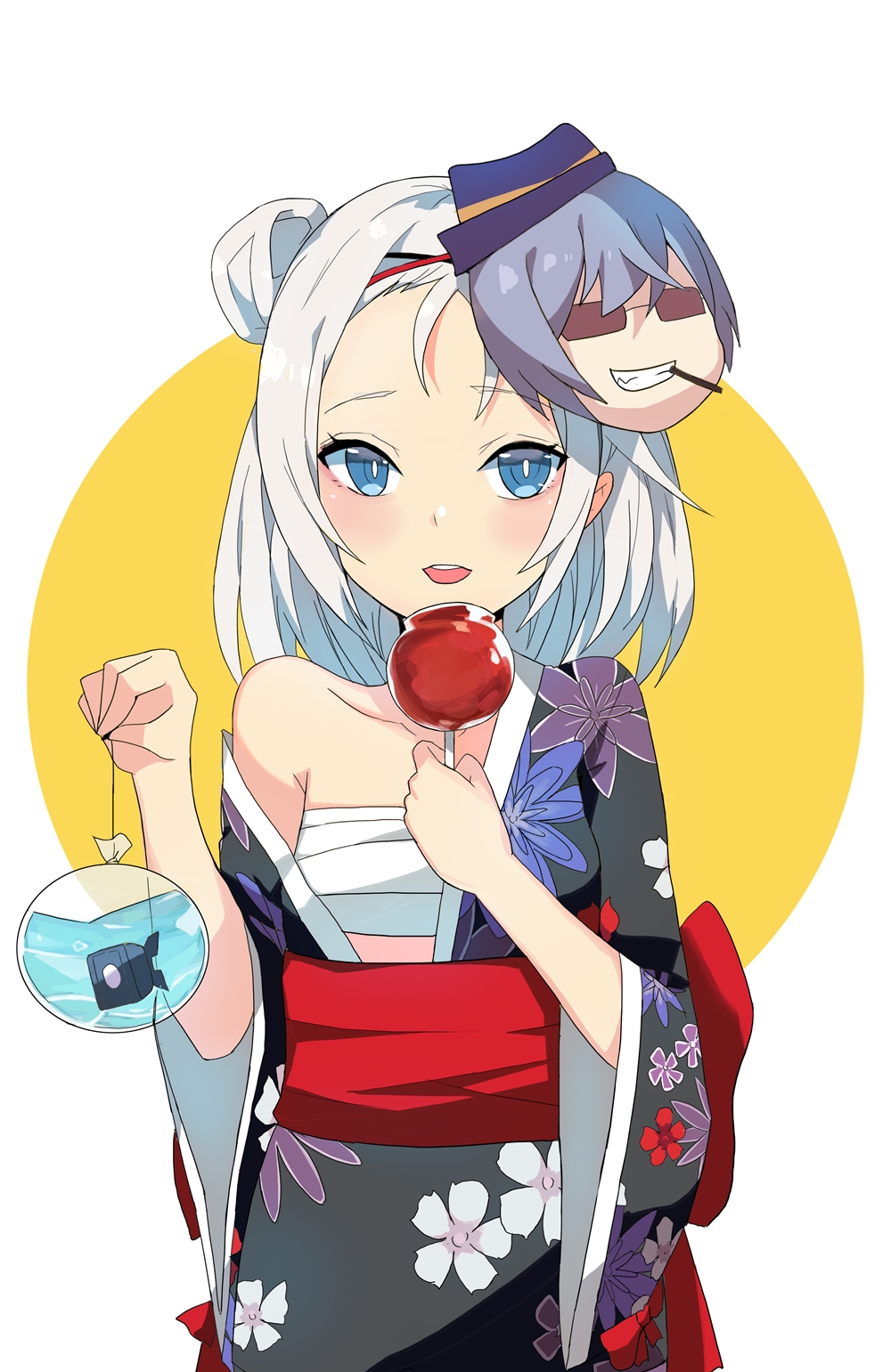 1girl bag bagged_fish bangs_pinned_back black_kimono blue_eyes blush bubble candy_apple character_mask collarbone eating eyebrows_visible_through_hair eyewear_on_head fish floral_print food girls_frontline grey_hair highres holding holding_food japanese_clothes kimono looking_at_viewer mask mask_on_head mp5_(girls_frontline) obi open_clothes open_kimono open_mouth red_obi sash side_bun silver_hair simple_background smile solo standing sunglasses tareme thompson_submachine_gun_(girls_frontline) ururu water wide_sleeves yukata