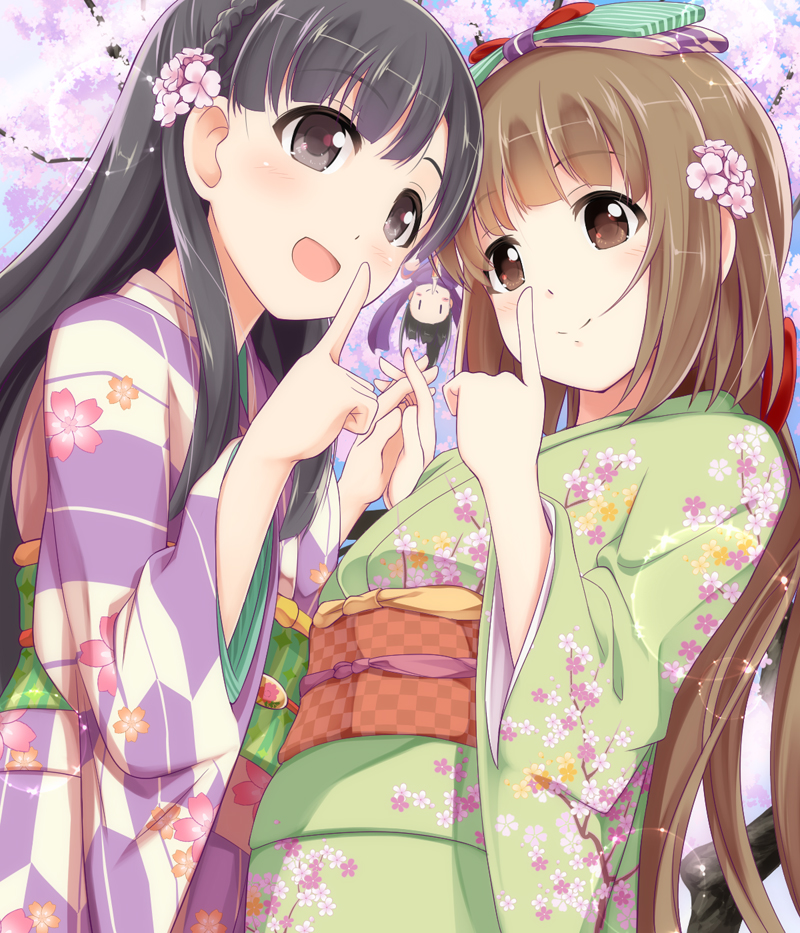 10s 3girls bangs black_eyes black_hair blunt_bangs blush braid brown_eyes brown_hair cherry_blossoms eyebrows_visible_through_hair floral_print flower furisode green_kimono hair_flower hair_ornament hair_ribbon hamaguchi_ayame hand_holding hanging hanging_from_tree idolmaster idolmaster_cinderella_girls index_finger_raised interlocked_fingers japanese_clothes kimono kobayakawa_sae lens_flare long_hair long_sleeves multiple_girls obi open_mouth outdoors pointing pointing_up ponytail ribbon sash sch smile striped striped_kimono sunlight tree upside-down very_long_hair wide_sleeves yorita_yoshino