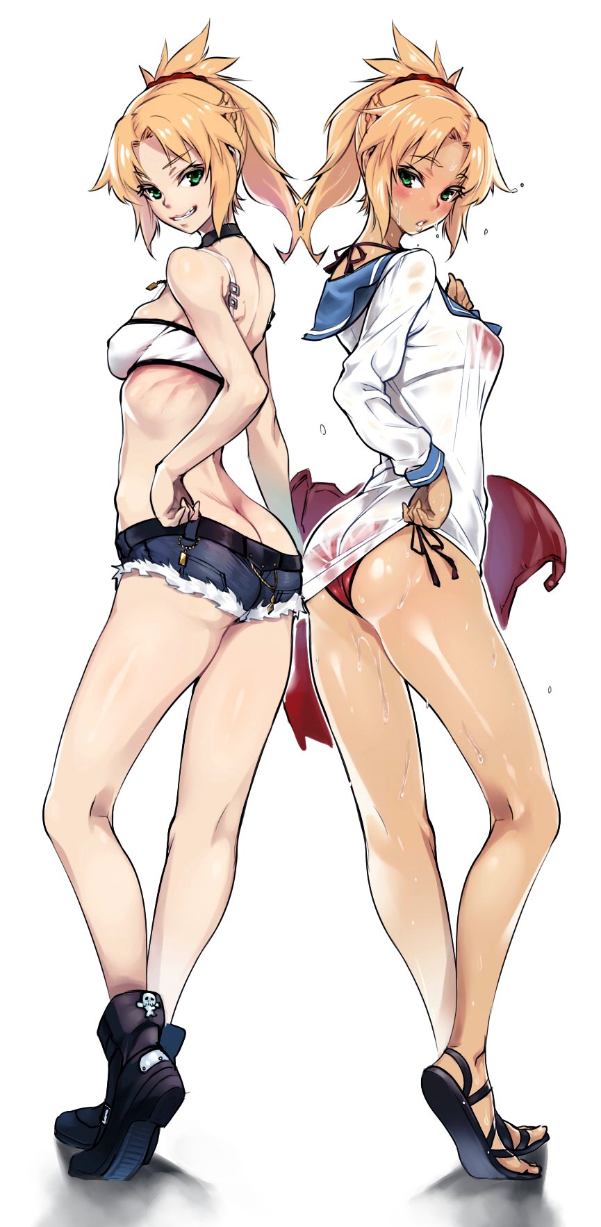 2girls ass bandeau bikini blonde_hair blush breasts butt_crack choker commentary_request cutoffs dual_persona erect_nipples eyebrows_visible_through_hair fate/apocrypha fate/grand_order fate_(series) full_body green_eyes grin highres hijiri jacket long_hair looking_at_viewer looking_back medium_breasts mordred_(swimsuit_rider)_(fate) multiple_girls navel parted_lips ponytail red_bikini red_jacket saber_of_red sandals school_uniform see-through serafuku short_shorts shorts simple_background smile standing swimsuit tan teeth wet wet_clothes white_background