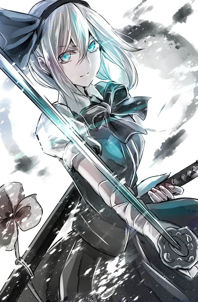 &gt;:) 1girl black_bow black_bowtie black_hairband black_ribbon bow bowtie breasts closed_mouth commentary_request cowboy_shot green_eyes green_skirt green_vest hair_between_eyes hair_ribbon hairband holding holding_sword holding_weapon jan_(lightdragoon) katana konpaku_youmu konpaku_youmu_(ghost) looking_at_viewer medium_breasts puffy_short_sleeves puffy_sleeves ribbon scabbard sheath short_hair short_sleeves silver_hair skirt skirt_set solo sword touhou vest weapon
