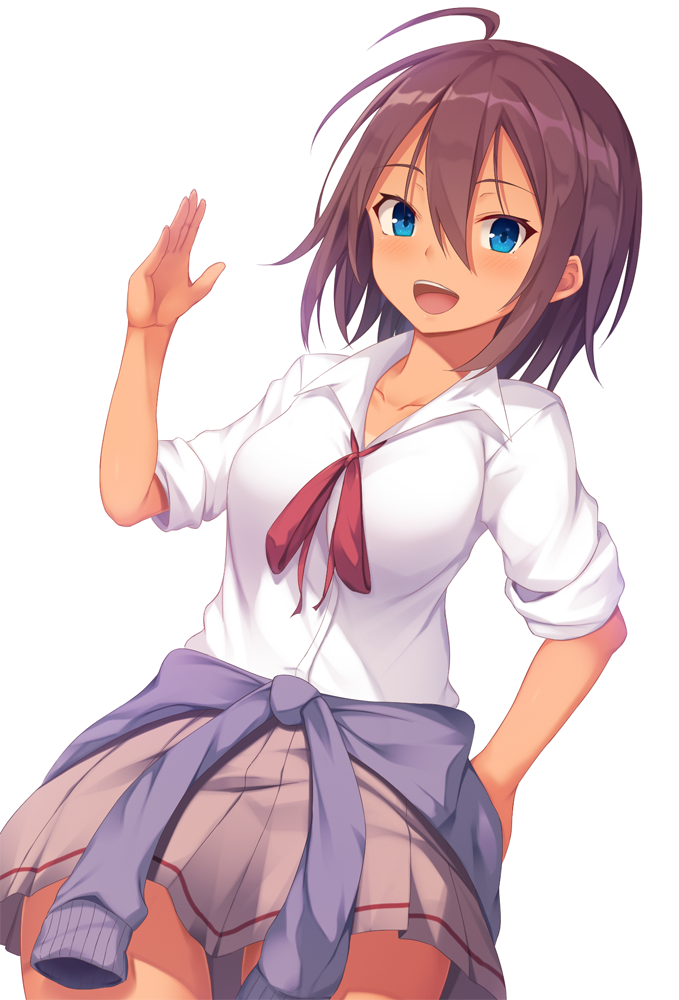 1girl bangs blue_eyes blush bokutachi_wa_benkyou_ga_dekinai brown_hair clothes_around_waist cowboy_shot dutch_angle grey_skirt hair_between_eyes hand_up looking_at_viewer momo_no_kanzume open_mouth pleated_skirt school_uniform sidelocks simple_background skirt sleeves_rolled_up smile solo sweater_around_waist takemoto_uruka tan waving white_background