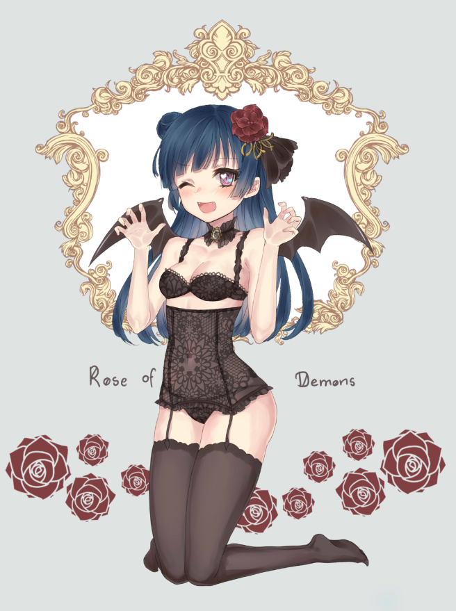 1girl ;d bangs bat_wings black_bow black_bra black_choker black_legwear black_panties blue_hair blush bow bra breasts brooch claw_pose cleavage collarbone commentary_request corset english fangs flower grey_background hair_bow hair_bun hair_flower hair_ornament heart heart-shaped_pupils jewelry kneeling long_hair looking_at_viewer love_live! love_live!_sunshine!! no_shoes one_eye_closed open_mouth panties rose side_bun small_breasts smile solo symbol-shaped_pupils ten-chan_(eternal_s) thigh-highs tsushima_yoshiko underwear underwear_only violet_eyes wings