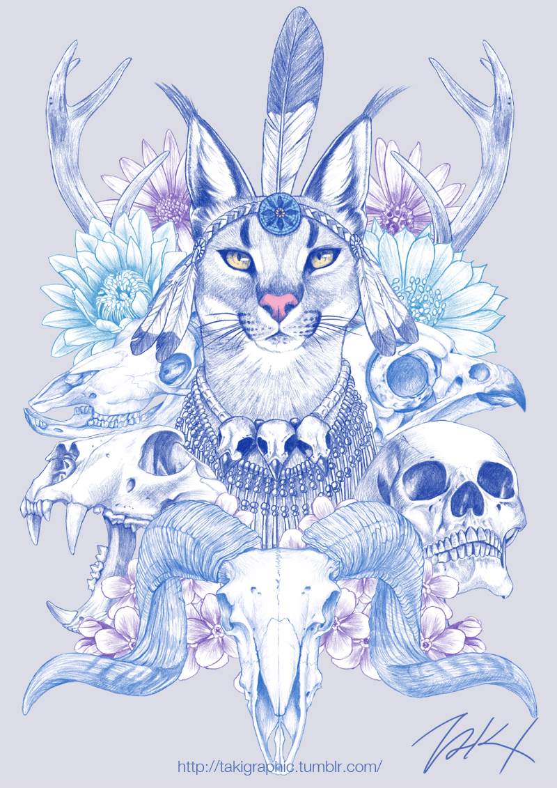 antlers bird_skull caracal flower headdress looking_at_viewer no_humans original ram_skull signature skull skull_necklace takigraphic watermark web_address yellow_eyes