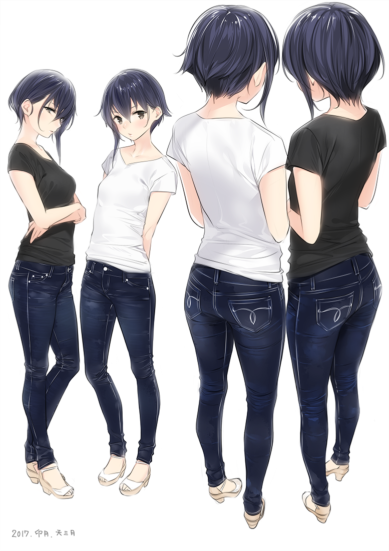 10s 2girls alternate_costume ama_mitsuki arms_behind_back ass asymmetrical_hair bangs bare_arms black_hair black_shirt blush breasts brown_eyes buttons casual closed_mouth collarbone contemporary crossed_arms dated denim facing_away fashion flipped_hair from_behind full_body hair_between_eyes head_tilt high_heels i-13_(kantai_collection) i-14_(kantai_collection) jeans kantai_collection lips looking_at_viewer multiple_girls multiple_views no_headwear no_socks open_toe_shoes pants pocket profile shiny shiny_hair shirt shoes short_hair_with_long_locks short_sleeves simple_background sisters skinny_jeans small_breasts standing tight tight_pants tsurime twins white_shirt