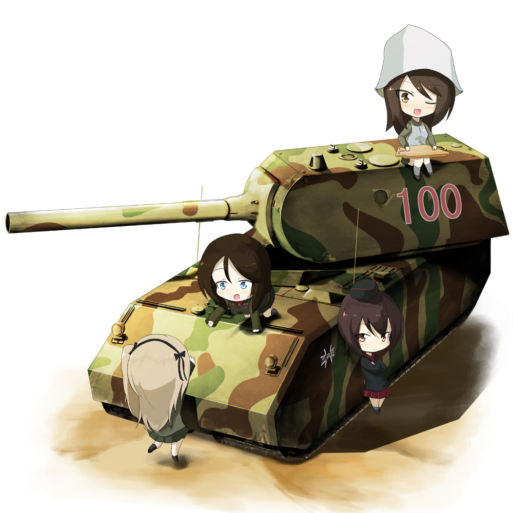 4girls blue_eyes girls_und_panzer ground_vehicle hat instrument jinguu_(4839ms) kantele keizoku_military_uniform kuromorimine_military_uniform long_hair mika_(girls_und_panzer) military military_vehicle motor_vehicle multiple_girls nishizumi_maho nonna panzerkampfwagen_viii_maus pravda_military_uniform selection_university_military_uniform shimada_arisu short_hair tank