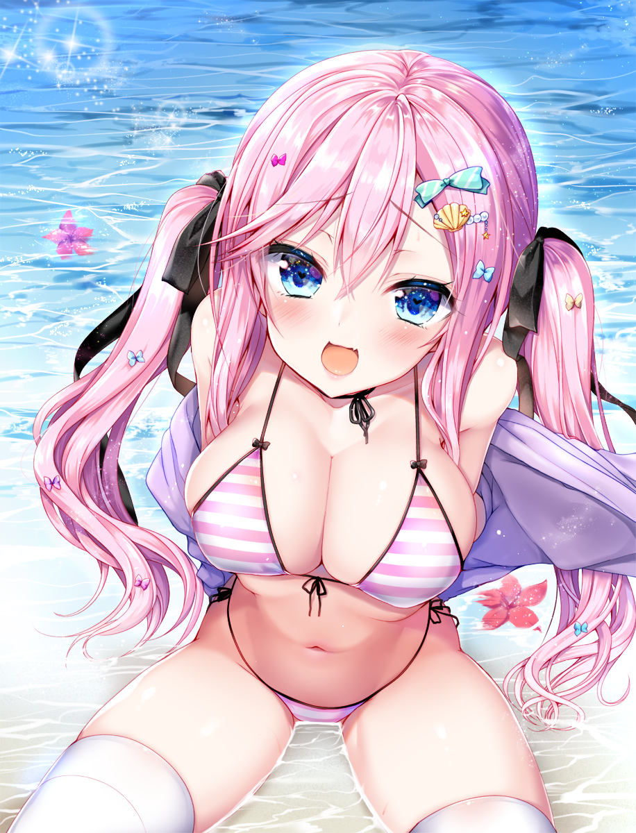 1girl ayuma_sayu bikini black_ribbon blue_eyes bow breasts cleavage day front-tie_bikini front-tie_top hair_between_eyes hair_bow hair_ornament hair_ribbon heart heart-shaped_pupils highres large_breasts lens_flare long_hair looking_at_viewer navel open_mouth outdoors pink_bikini pink_hair ribbon sand seashell shell side-tie_bikini sitting smile solo string_bikini striped striped_bikini swimsuit symbol-shaped_pupils thigh-highs twintails water white_legwear