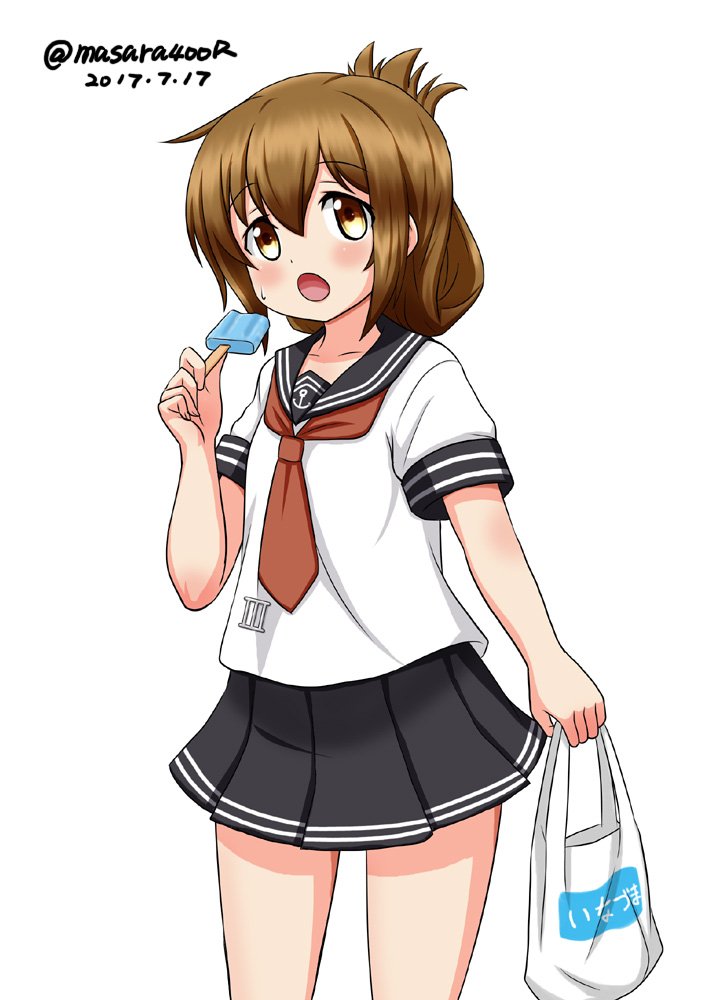 10s 1girl 2017 anchor_symbol bag black_legwear blue_sailor_collar blue_skirt brown_hair cowboy_shot dated eating folded_ponytail food inazuma_(kantai_collection) kantai_collection long_hair masara_(masalucky2010) neckerchief plastic_bag pleated_skirt popsicle red_neckerchief school_uniform serafuku short_sleeves simple_background skirt solo twitter_username white_background