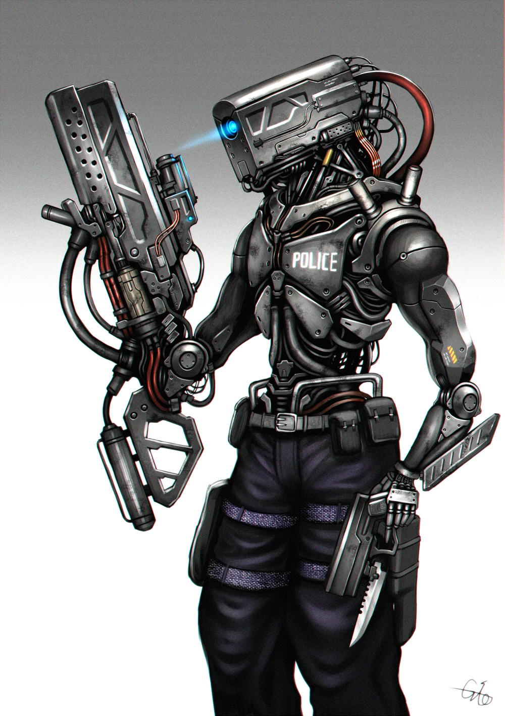 arm_cannon bayonet blade cable commentary_request cyberpunk gia gun highres knife mecha no_humans original pants police realistic robot science_fiction signature solo weapon