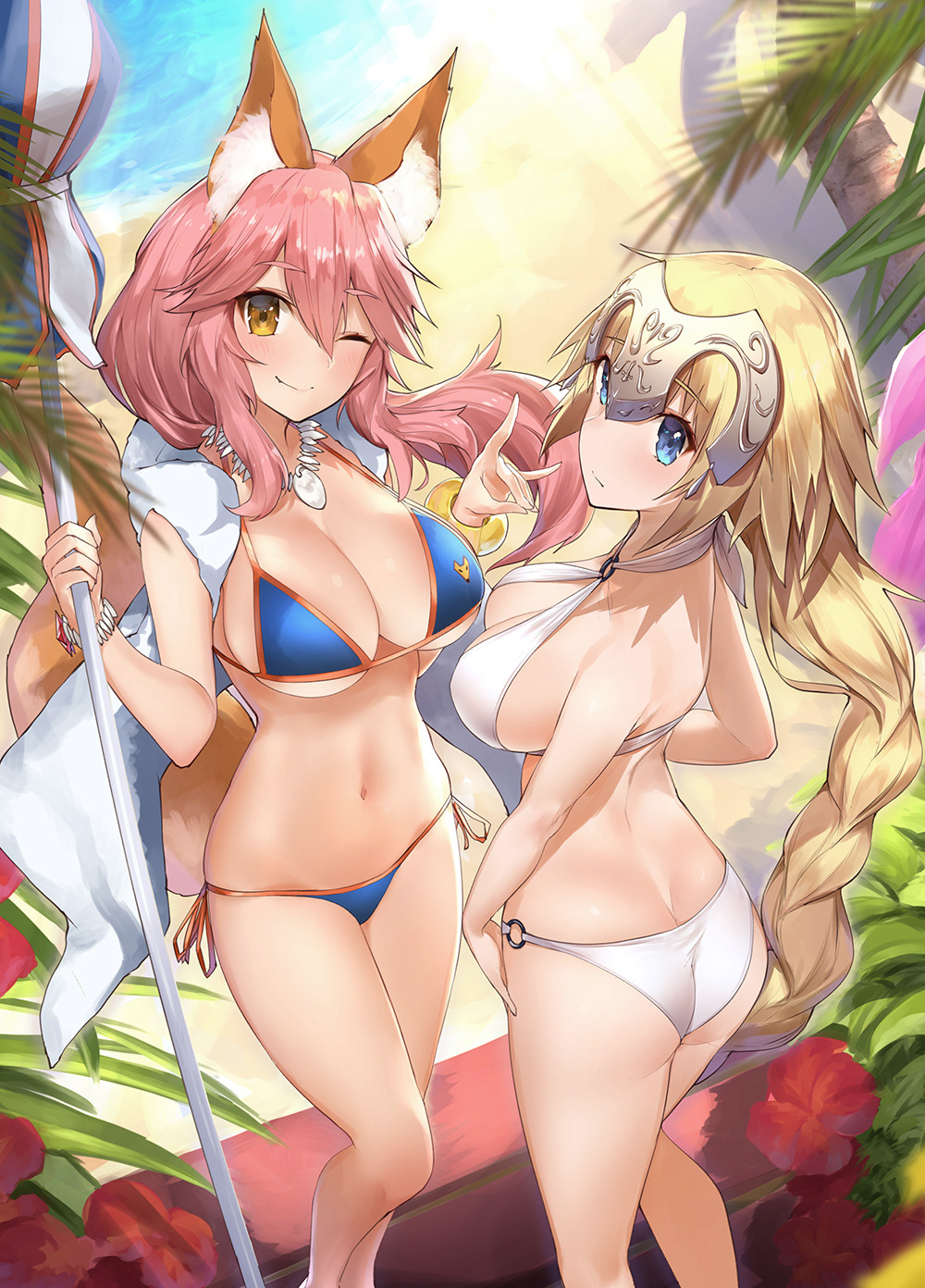 2girls animal_ears ass back bangs bare_shoulders bikini bikini_under_clothes blonde_hair blue_bikini blue_eyes blush bracelet braid breasts cleavage commentary_request criss-cross_halter eyebrows_visible_through_hair fang fate/apocrypha fate/extra fate/grand_order fate_(series) flower fox_ears fox_shadow_puppet fox_tail hair_between_eyes halterneck headpiece highres hips jeanne_d'arc_(fate) jeanne_d'arc_(fate)_(all) jewelry large_breasts legs long_braid long_hair looking_at_viewer looking_to_the_side multiple_girls navel necklace o-ring_bikini one_eye_closed open_clothes open_vest outdoors palm_tree parasol pink_hair ponytail revision shade side-tie_bikini sideboob sidelocks single_braid smile sunlight swimsuit tail tamamo_(fate)_(all) tamamo_no_mae_(swimsuit_lancer)_(fate) thighs tree umbrella very_long_hair vest waist water white_bikini yaman yellow_eyes
