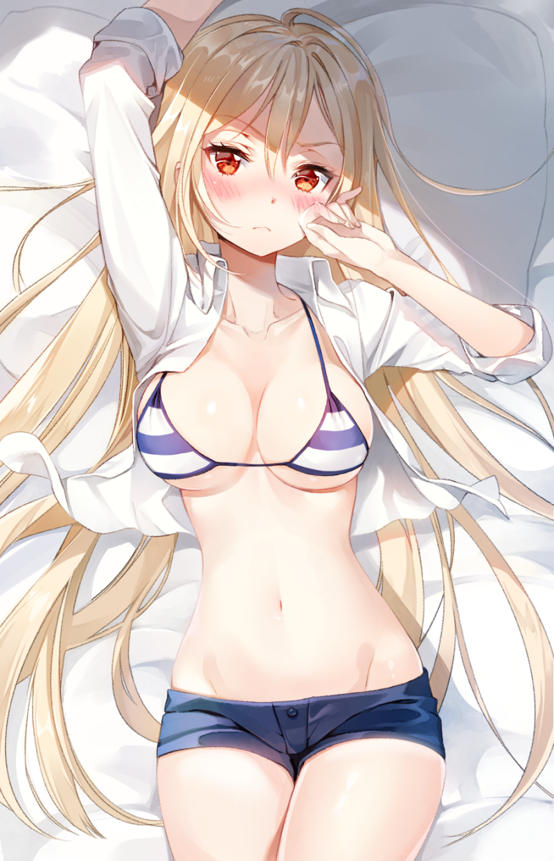 1girl arm_up bikini_top blonde_hair blush breasts chagoon collarbone collared_shirt cowboy_shot crop_top cropped_shirt dungeon_and_fighter frown groin hair_between_eyes hand_on_own_face hand_up highres long_hair looking_at_viewer looking_up lying medium_breasts navel on_bed open_clothes open_shirt red_eyes shirt short_shorts shorts solo stomach striped_bikini_top very_long_hair white_shirt