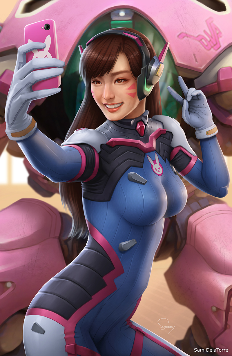 1girl animal_print artist_name asian bangs blue_bodysuit bodysuit breasts brown_eyes brown_hair bunny_print character_name cowboy_shot d.va_(overwatch) facepaint facial_mark gloves headphones high_collar highres impossible_bodysuit impossible_clothes lips long_hair looking_at_phone looking_to_the_side mecha medium_breasts meka_(overwatch) nose overwatch phone pilot_suit pink_lips pose realistic ribbed_bodysuit sam_delatore self_shot shoulder_pads signature skin_tight smile solo swept_bangs teeth v whisker_markings white_gloves