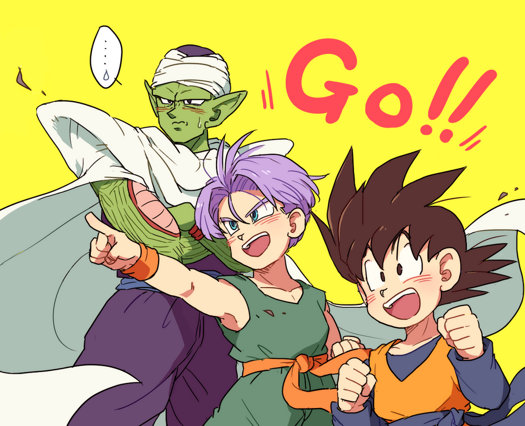 +++ ... 3boys :d black_eyes black_hair blue_eyes cape child clenched_hands crossed_arms dougi dragon_ball dragonball_z green_skin happy looking_away male_focus multiple_boys namek nervous open_mouth pants piccolo pointing pointy_ears purple_pants short_hair simple_background smile son_goten spiky_hair sweatdrop text thought_bubble tkgsize trunks_(dragon_ball) turban wristband yellow_background