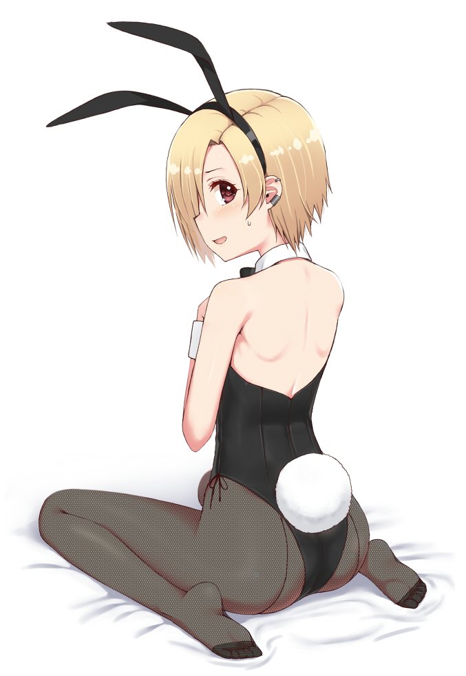 10s 1girl animal_ears back bare_shoulders blonde_hair bunny_tail bunnysuit detached_collar ear_piercing fake_animal_ears fishnet_pantyhose fishnets from_behind hair_over_one_eye hairband hand_on_own_chest idolmaster idolmaster_cinderella_girls kamata_yuuya looking_at_viewer looking_back open_mouth pantyhose piercing rabbit_ears red_eyes shirasaka_koume short_hair shoulder_blades sitting solo sweatdrop tail wariza