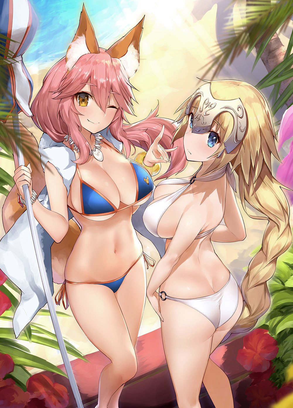 2girls animal_ears ass back bangs bare_shoulders bikini bikini_under_clothes blonde_hair blue_bikini blue_eyes blush bracelet braid breasts cleavage commentary_request criss-cross_halter eyebrows_visible_through_hair fang fate/apocrypha fate/extra fate/grand_order fate_(series) flower fox_ears fox_shadow_puppet fox_tail hair_between_eyes halterneck headpiece highres hips jeanne_d'arc_(fate) jeanne_d'arc_(fate)_(all) jewelry large_breasts legs long_braid long_hair looking_at_viewer looking_to_the_side multiple_girls navel necklace o-ring_bikini one_eye_closed open_clothes open_vest outdoors palm_tree parasol pink_hair ponytail shade side-tie_bikini sideboob sidelocks single_braid smile sunlight swimsuit tail tamamo_(fate)_(all) tamamo_no_mae_(swimsuit_lancer)_(fate) thighs tree umbrella very_long_hair vest waist water white_bikini yaman yellow_eyes