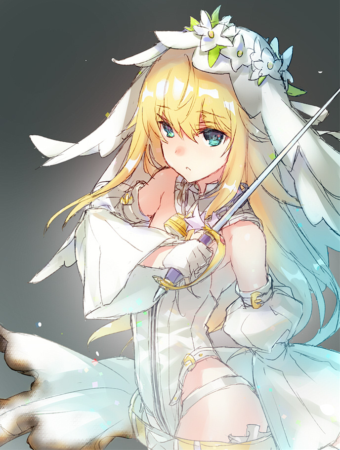 1girl bangs belt blonde_hair blue_eyes bridal_veil detached_sleeves eyebrows_visible_through_hair fate/extra fate/extra_ccc fate_(series) hair_between_eyes holding holding_sword holding_weapon leotard long_hair looking_at_viewer parted_lips rapier saber_bride saber_extra solo sword upper_body veil wanko_(takohati8) weapon white_leotard zipper