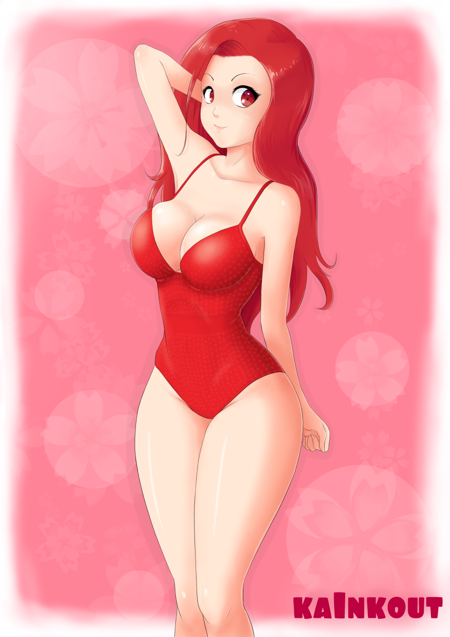 1girl artist_name artist_signature breasts cleavage hand_in_hair highres kainkou large_breasts leotard long_hair original red_eyes red_leotard redhead simple_background smile solo