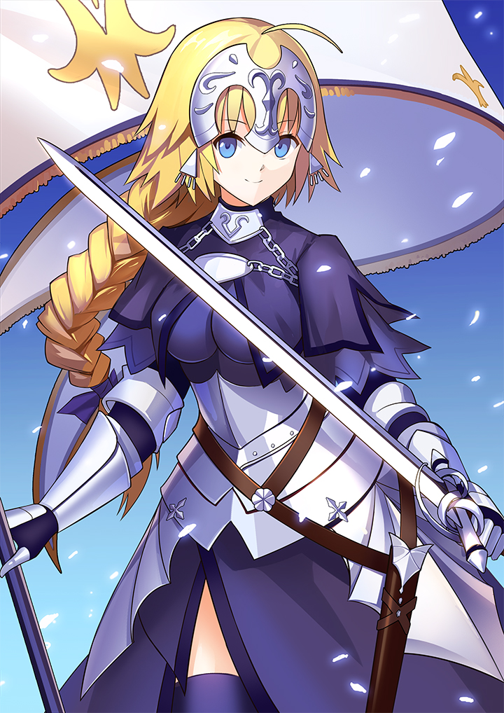 1girl armor armored_dress bell black_gloves blonde_hair blue_eyes braid breasts capelet chains fate/apocrypha fate/grand_order fate_(series) faulds flag gauntlets gloves headpiece large_breasts looking_at_viewer ruler_(fate/apocrypha) single_braid solo sword thigh-highs weapon yuki_(clydtc)