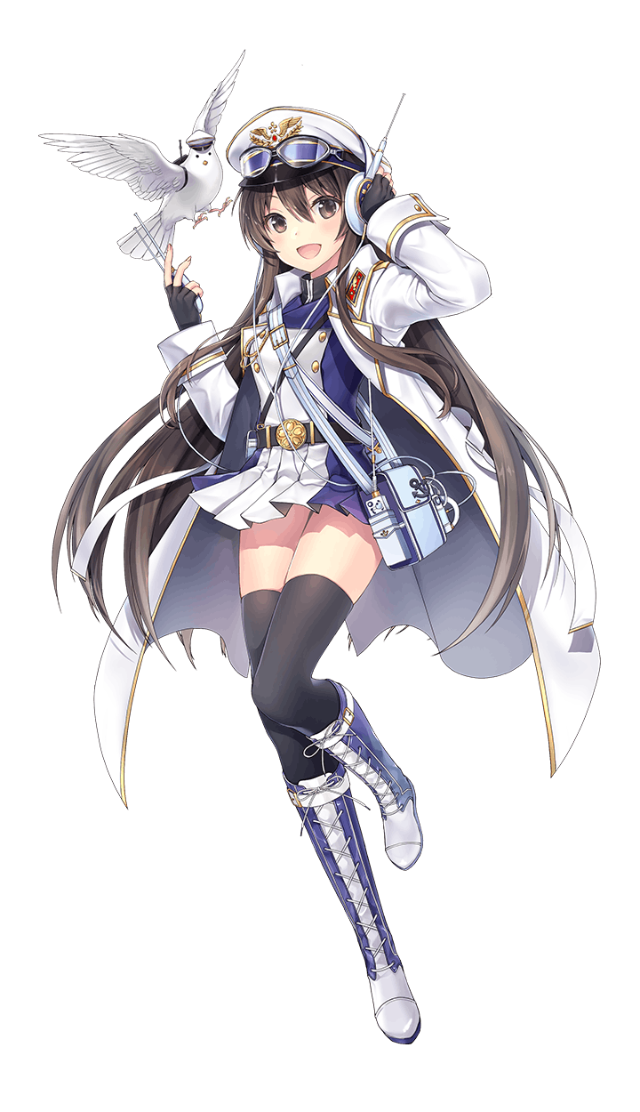 bag bird black_hair boots brown_eyes earphones fingerless_gloves formation_girls gloves google_glass hat highres kagachi_saku kazehaya_yayoi long_hair looking_at_viewer military military_hat military_jacket military_uniform open_mouth pigeon solo thigh-highs transparent_background uniform