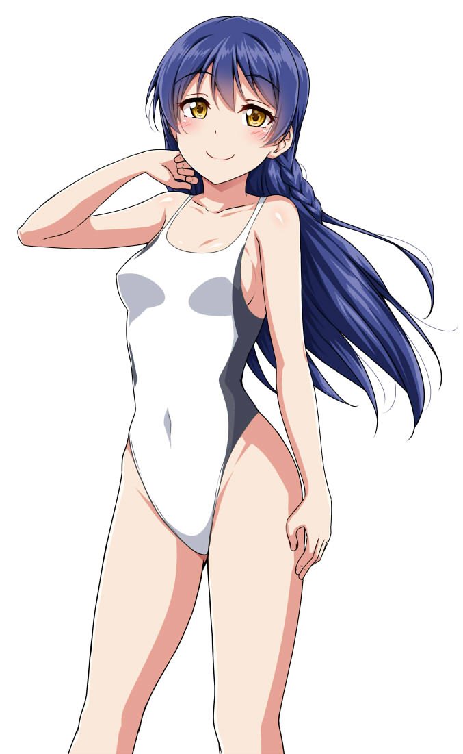 1girl bangs blue_hair blush braid breasts commentary_request covered_navel hand_in_hair hand_on_own_thigh highleg highleg_swimsuit long_hair looking_at_viewer love_live! love_live!_school_idol_project medium_breasts one-piece_swimsuit side_braid smile solo sonoda_umi swimsuit white_background yellow_eyes yopparai_oni