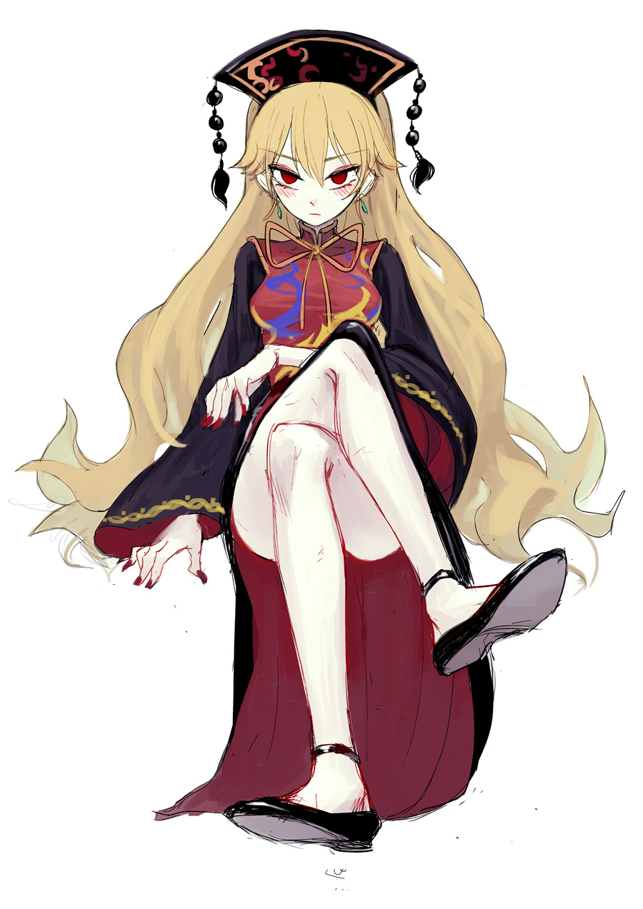 1girl bare_legs black_dress black_shoes blonde_hair blush chinese_clothes dress earrings fkey full_body hat highres jewelry junko_(touhou) legs_crossed long_hair long_sleeves looking_at_viewer nail_polish red_eyes red_nails ribbon shoes simple_background sitting solo tabard tassel touhou very_long_hair white_background wide_sleeves yellow_ribbon