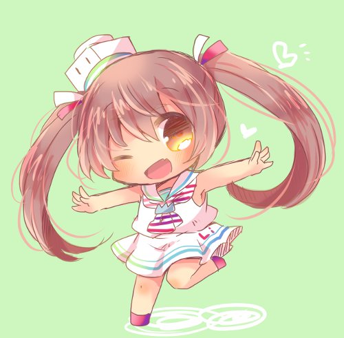 10s 1girl brown_eyes brown_hair chibi dark_skin dress fang full_body green_background kantai_collection kouu_hiyoyo libeccio_(kantai_collection) long_hair lowres neckerchief open_mouth sailor_dress simple_background solo standing standing_on_one_leg striped_neckerchief twintails white_dress