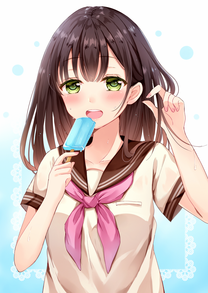 1girl bangs blush brown_hair commentary_request eyebrows_visible_through_hair food gradient gradient_background green_eyes holding holding_food long_hair looking_at_viewer nail_polish neckerchief open_mouth original pink_nails pink_neckerchief popsicle sakura_hiyori school_uniform serafuku short_sleeves solo sweat upper_body