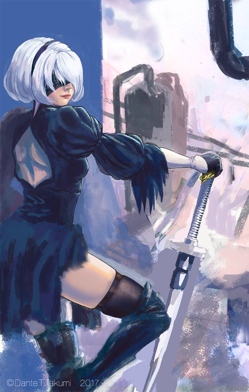 1girl artist_name back_cutout black_dress black_hairband blindfold boots covered_eyes dante_t._takumi dress feather-trimmed_sleeves hairband highres katana lips long_sleeves looking_at_viewer nier_(series) nier_automata nose planted_sword planted_weapon silver_hair solo sword thigh-highs thigh_boots thighhighs_under_boots weapon yorha_no._2_type_b