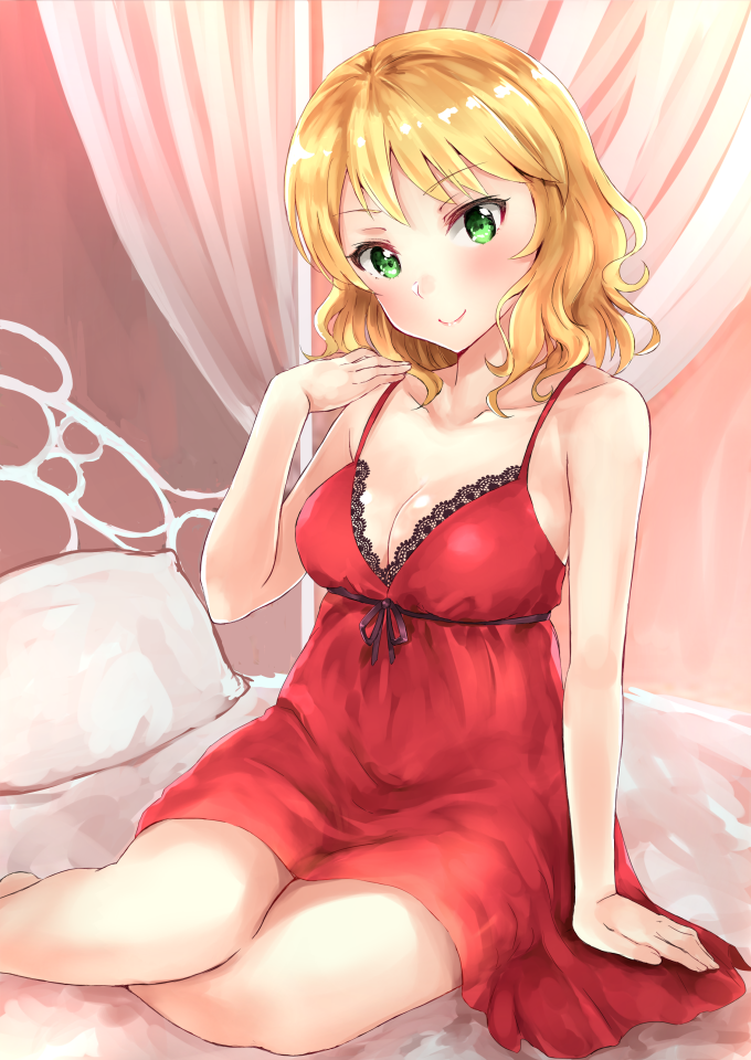 10s 1girl arm_support barefoot bed blonde_hair blush breasts canopy_bed cleavage collarbone commentary_request green_eyes idolmaster idolmaster_cinderella_girls lingerie looking_at_viewer medium_breasts negligee older pillow sakurai_momoka sg_(esujii) short_hair sitting sketch smile solo underwear